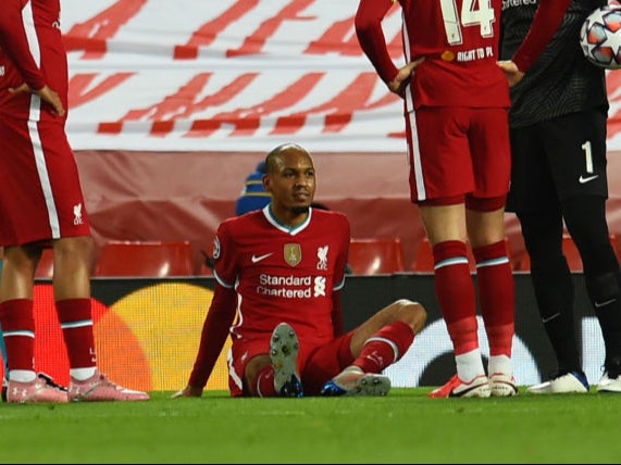 Fabinho of Liverpool goes off hamstring problem