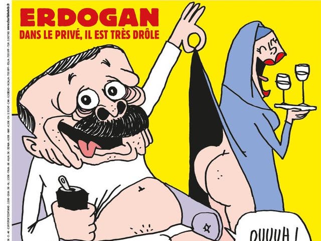 The front cover shows a caricature of Turkish president Recep Tayyip Erdo?an in his underpants and a woman in a hijab