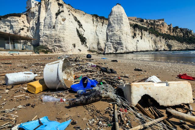Plastic waste on a beach in Italy. While larger pieces of litter are the most conspicuous, over 90 per cent of the plastics entering the Mediterranean are particles smaller than 5mm