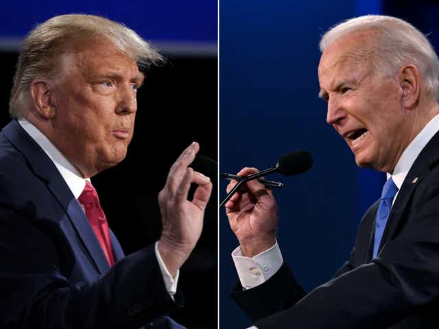 Biden y Trump durante el debate presidencial final en la Universidad de Belmont en Nashville, Tennessee, el 22 de octubre
