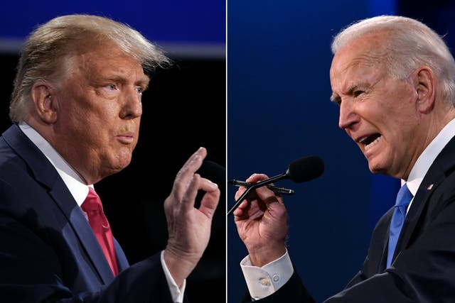 Biden y Trump durante el debate presidencial final en la Universidad de Belmont en Nashville, Tennessee, el 22 de octubre