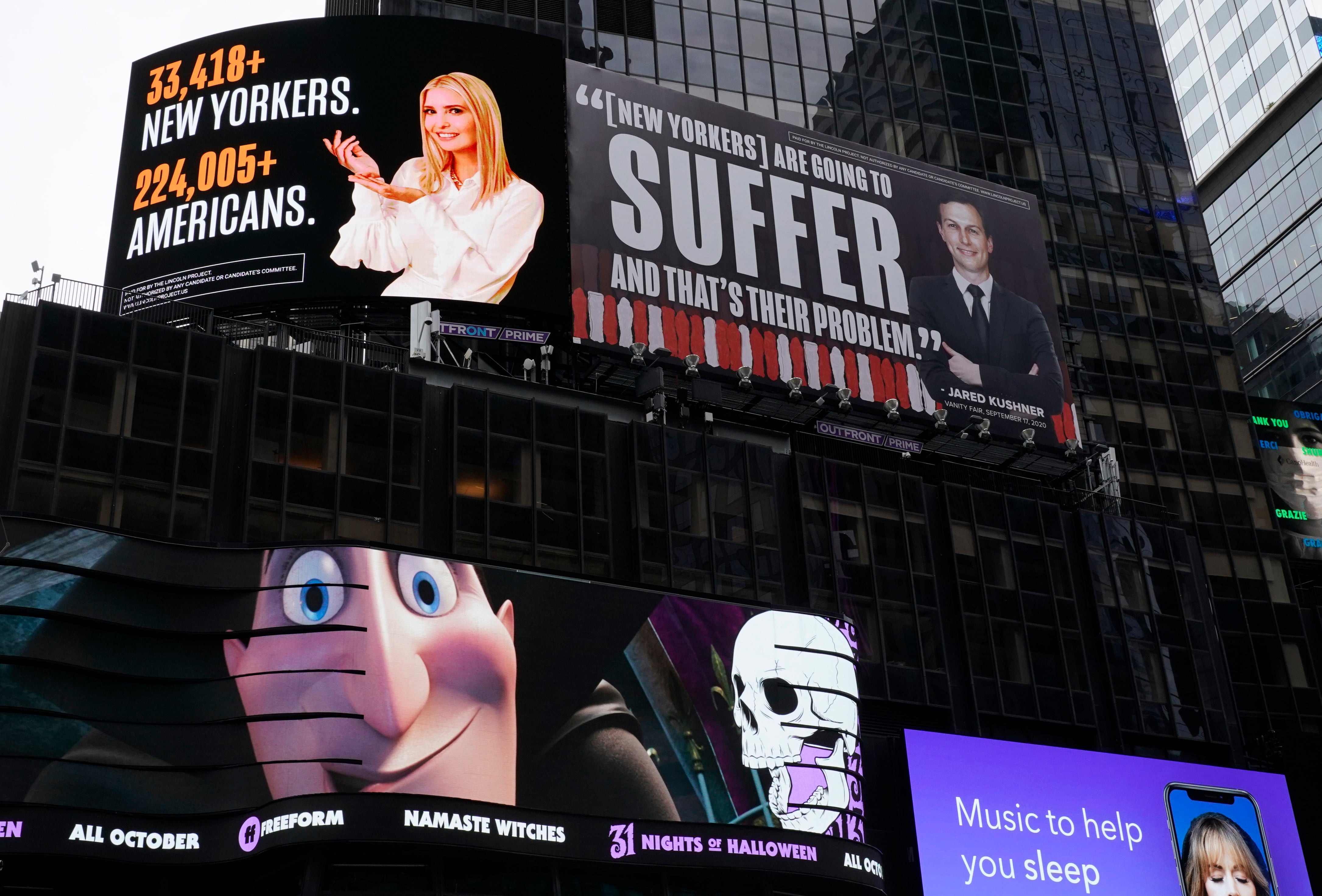 In Times Square, billboards are currently on prominent display savaging Ivanka and Jared