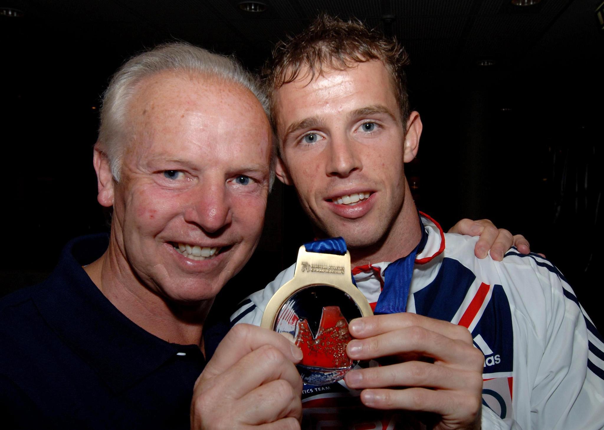 JJ Williams pictured with his son Rhys after claiming 400m hurdle bronze at the 2006 European Athletic Championships