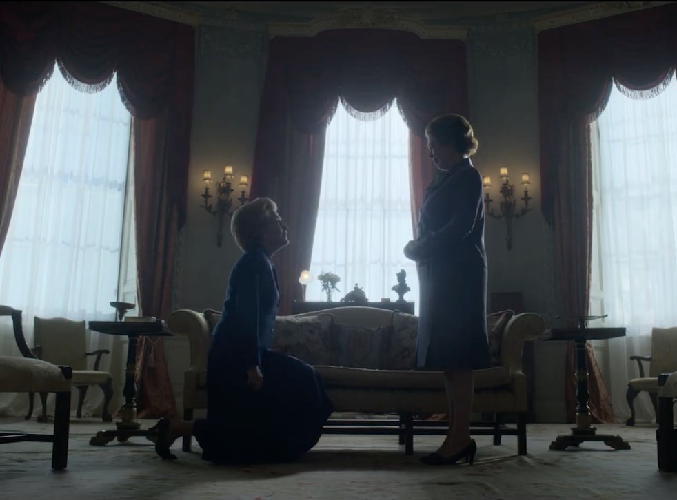 Thatcher (Anderson) kneels before the Queen (Colman)