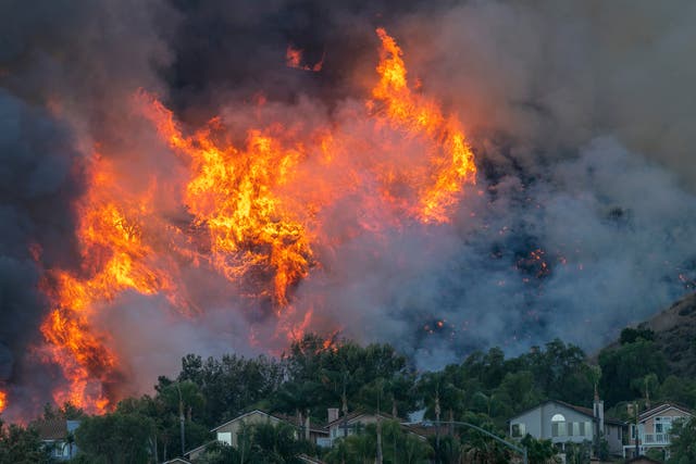 Flames rise near homes during the Blue Ridge wildfire on October 27, 2020 in Chino Hills, California. A new poll has found that the majority of Americans think we are running out of time to save the planet from the climate crisis