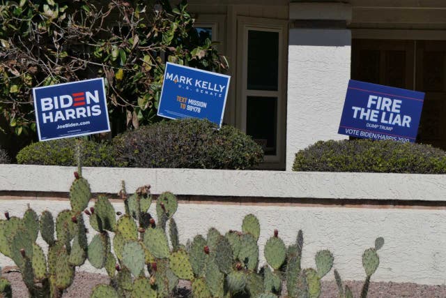 <p>Signs supporting Democrats in Arizona, which has a real change of going blue in 2020 after decades of voting for conservatives in national elections.</p>