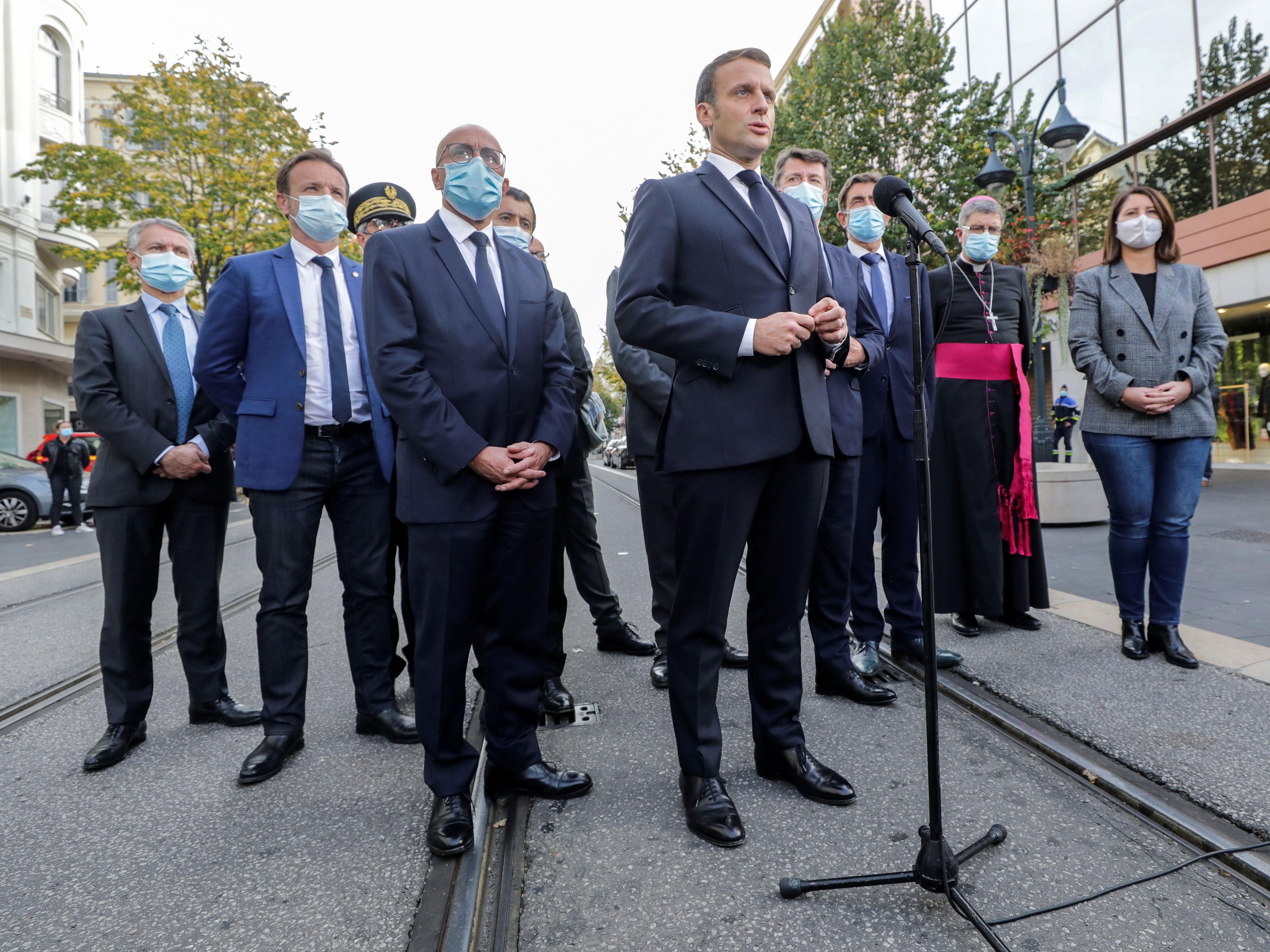 Emmanuel Macron addressing the press outside the Notre-Dame de l’Assomption Basilica in Nice on 29 October after a knife-wielding man kills three people at the church