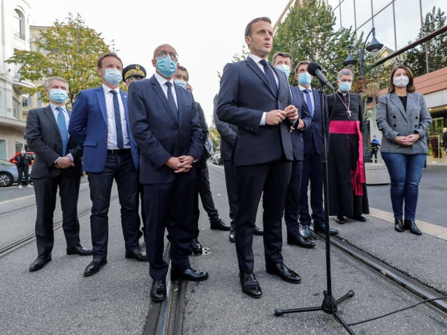  Emmanuel Macron addressing  the press outside the Notre-Dame de l’Assomption Basilica in Nice on 29 October after a knife-wielding man kills three people at the church