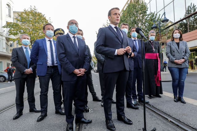  Emmanuel Macron addressing  the press outside the Notre-Dame de l’Assomption Basilica in Nice on 29 October after a knife-wielding man kills three people at the church