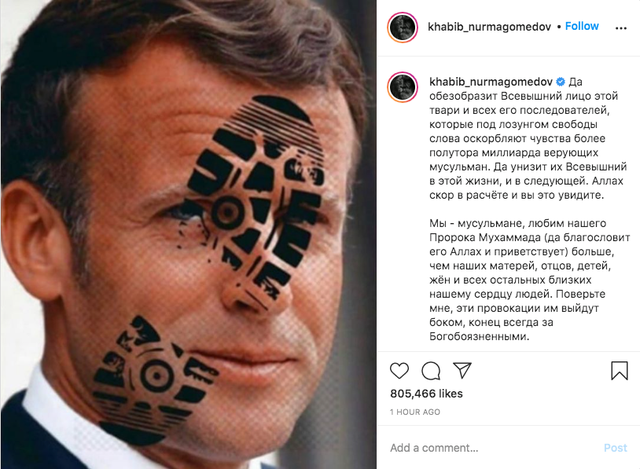 <p>El luchador de UFC Khabib Nurmagomedov publicó un controvertido mensaje contra el presidente francés Emmanuel Macron</p>