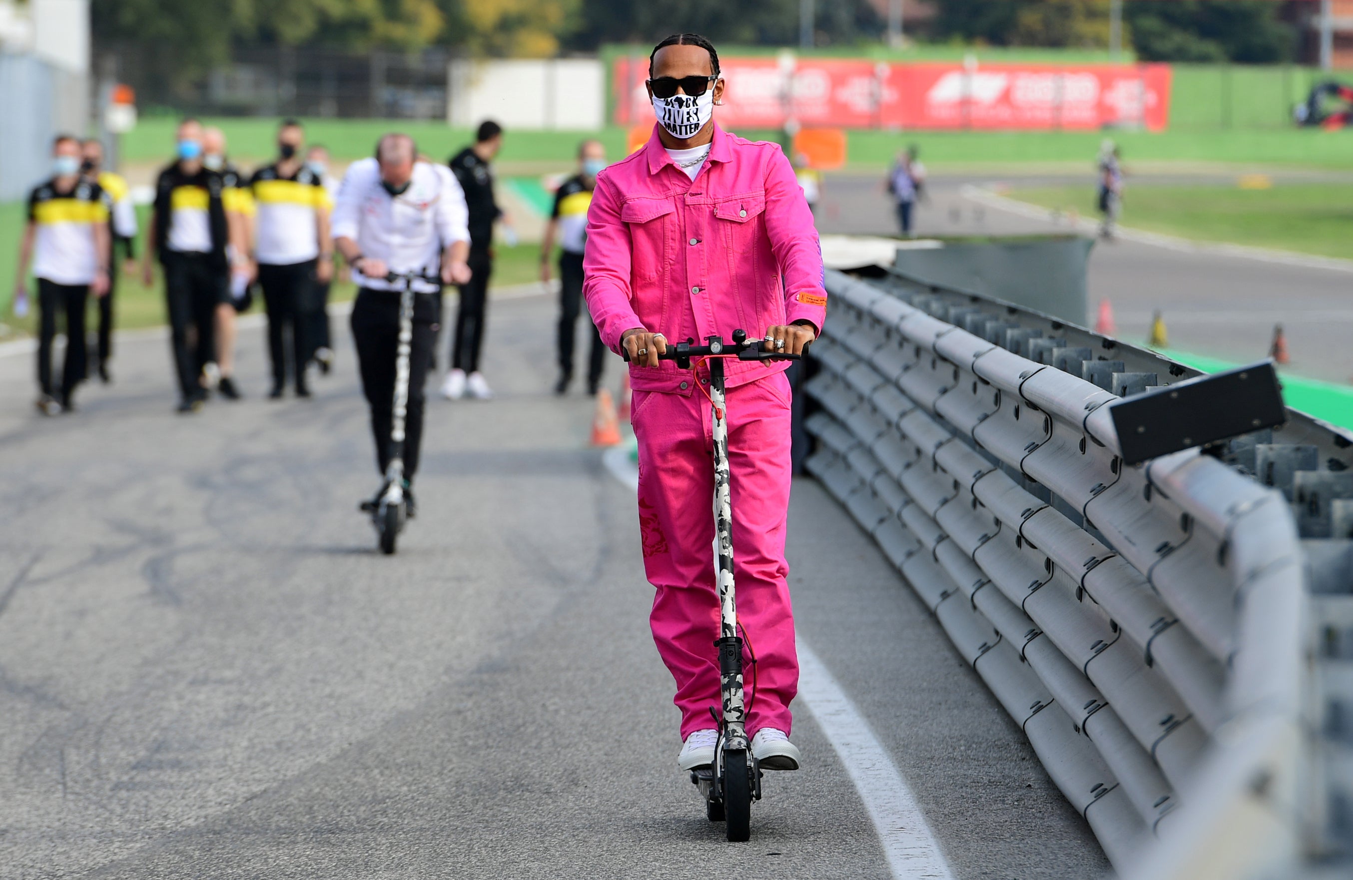 Lewis Hamilton gets a look at the Imola circuit with his Mercedes team on Friday