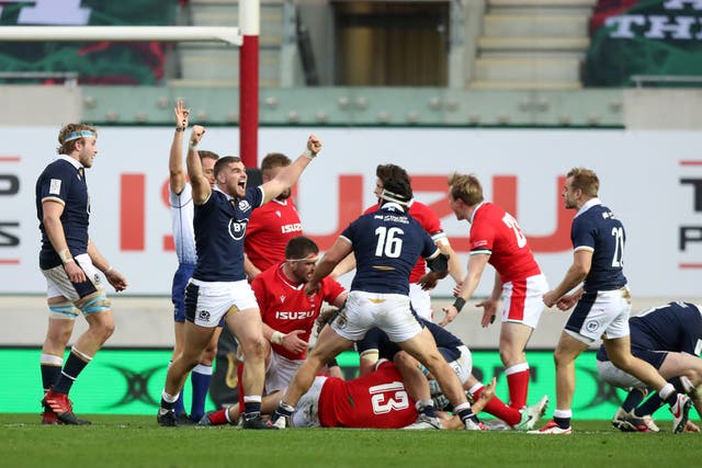 Scotland celebrate their final penalty in the 14-10 victory over Wales