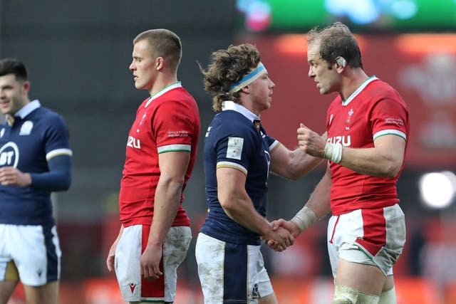 Hamish Watson congratulates Alun Wyn Jones on his Test record after Scotland’s win over Wales