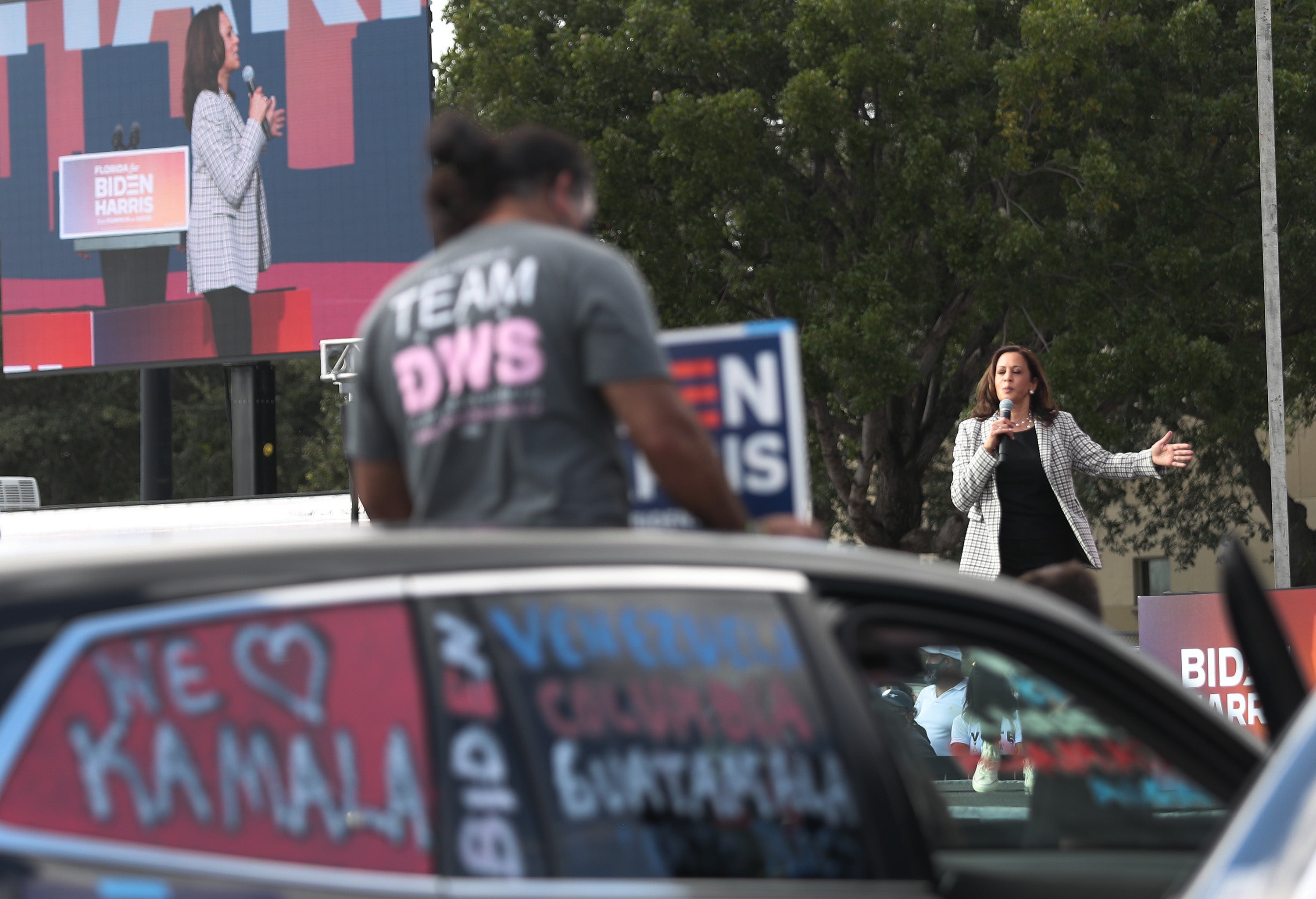 Supporters of Kamala Harris in their cars in Miami