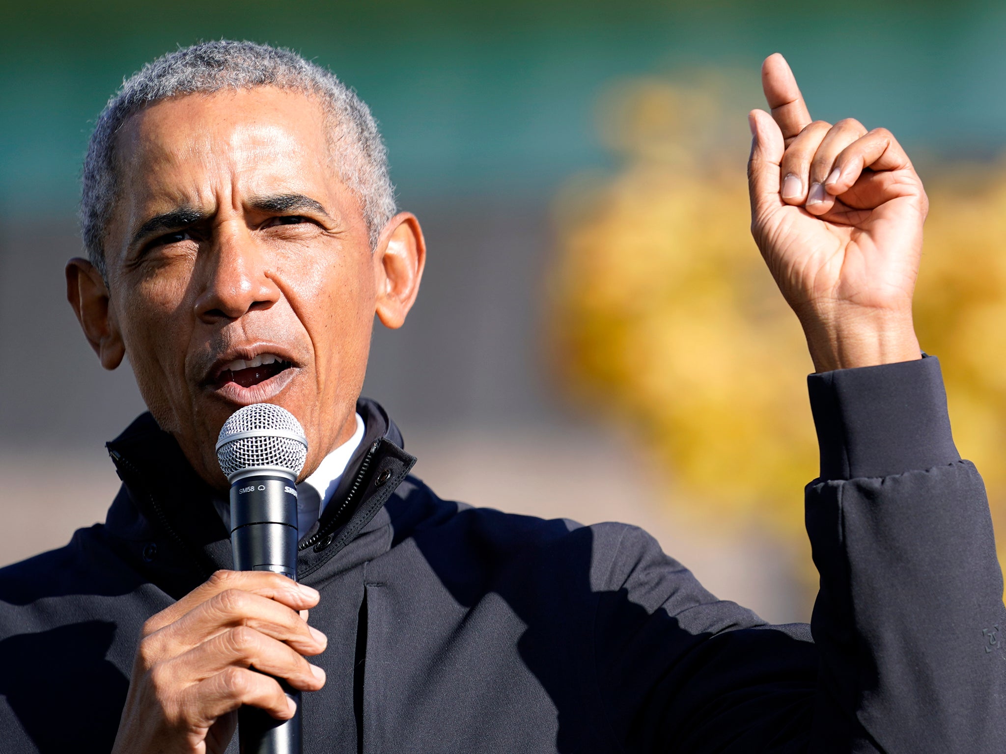 Obama on stage in Flint, Michigan on Saturday