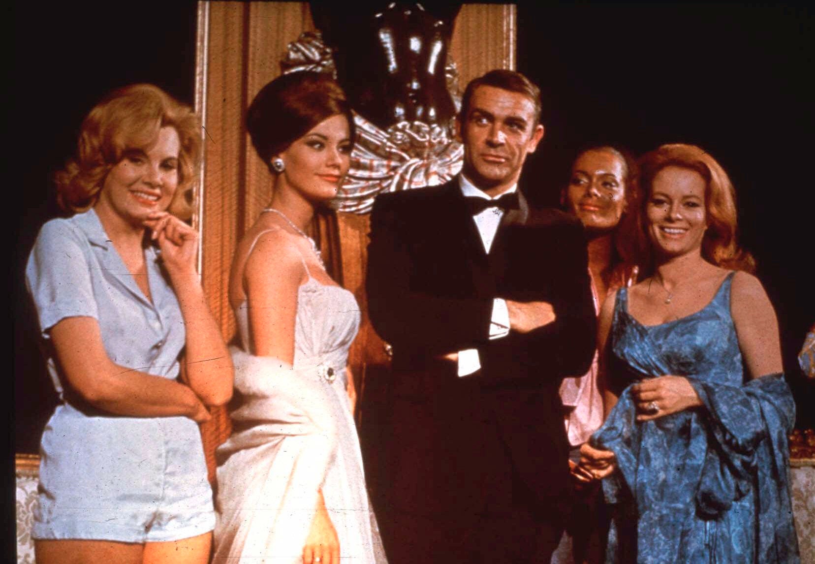 <p>Sean Connery and fellow cast members – including Molly Peters (Patricia Fearing), left – promote the new 007 adventure ‘Thunderball’ in  1965 </p>