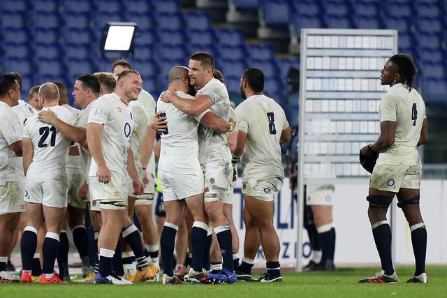 England celebrate a 34-5 victory over Italy on the final day of the Six Nations