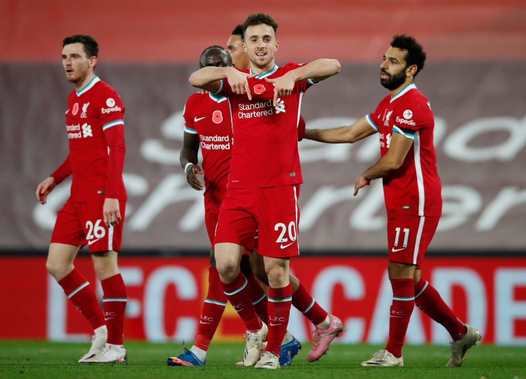 Diogo Jota celebrates a goal for Liverpool