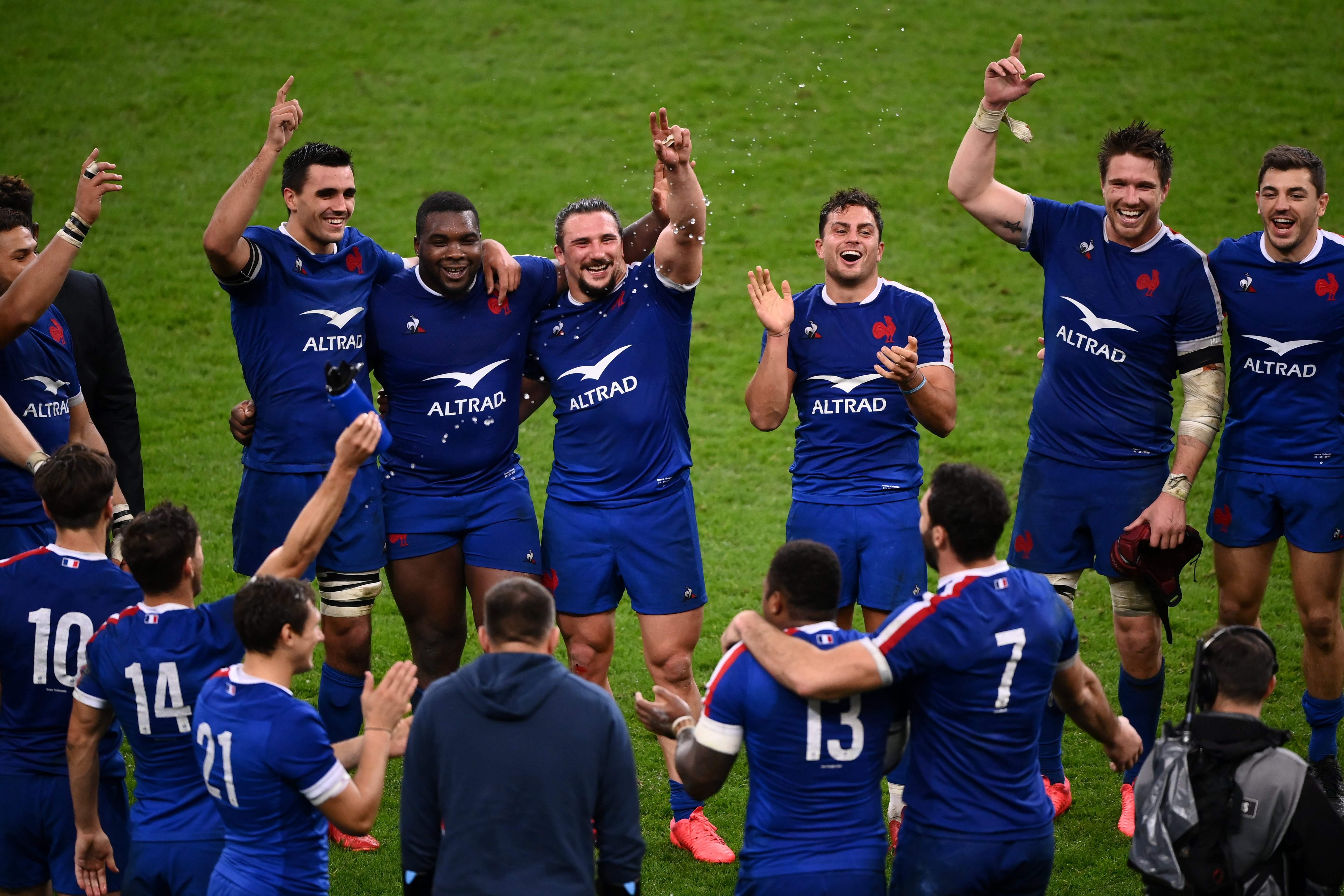 France celebrate their 35-27 victory over Ireland that handed the Six Nations title to England