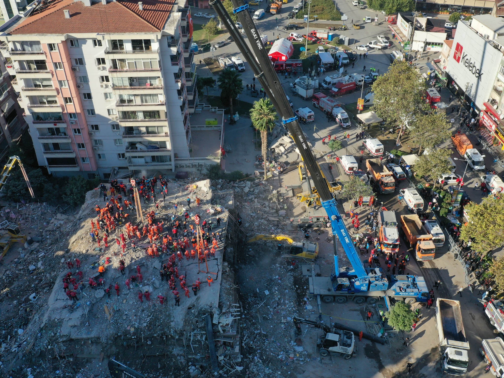 Aerial view of search and rescue workers in the morning hours at debris located in Bayrakli district, Izmir, Turkey on 1 November, 2020