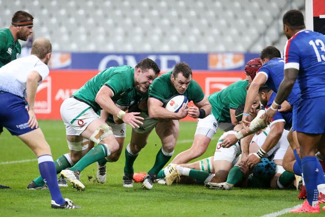 Cian Healy of Ireland scores a try