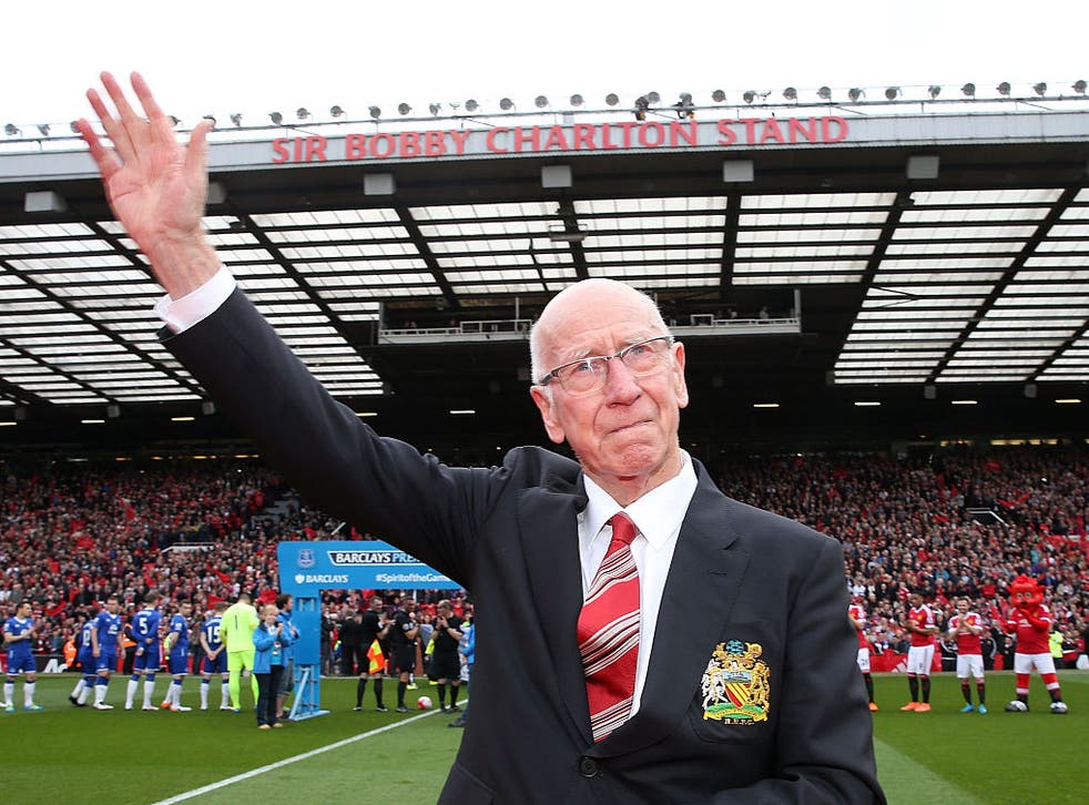 <p>Sir Bobby &nbsp;attends the unveiling of a stand at Old Trafford renamed in his honour in 2016</p>