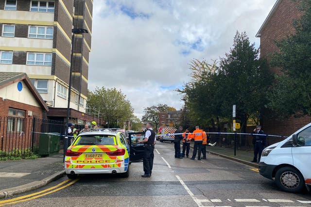 Emergency Services at the scene in Weddington Street in Stratford after a man died following a suspected gas explosion.