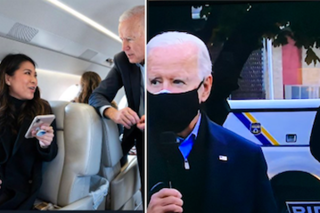 Richard Grenell tweeted a photo from November 2019 (left) to criticise Joe Biden for not wearing a face mask on a plane