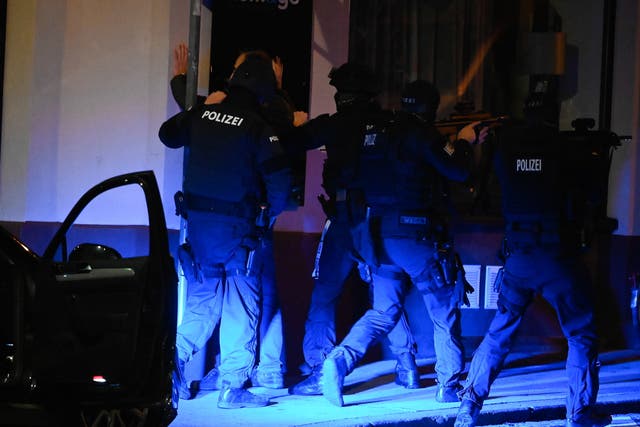 <p>Policías austriacos registran a una patrulla civil tras un tiroteo cerca de la sinagoga 'Stadttempel' en Viena.</p>