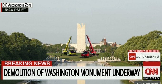 A tweet shared by the Trump War Room Twitter account falsely accusing Joe Biden’s campaign of advocating for the demolition of the Washington Monument. 