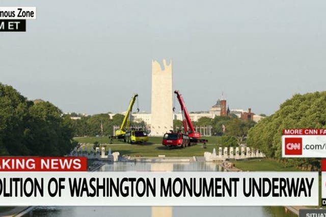 A tweet shared by the Trump War Room Twitter account falsely accusing Joe Biden’s campaign of advocating for the demolition of the Washington Monument. 