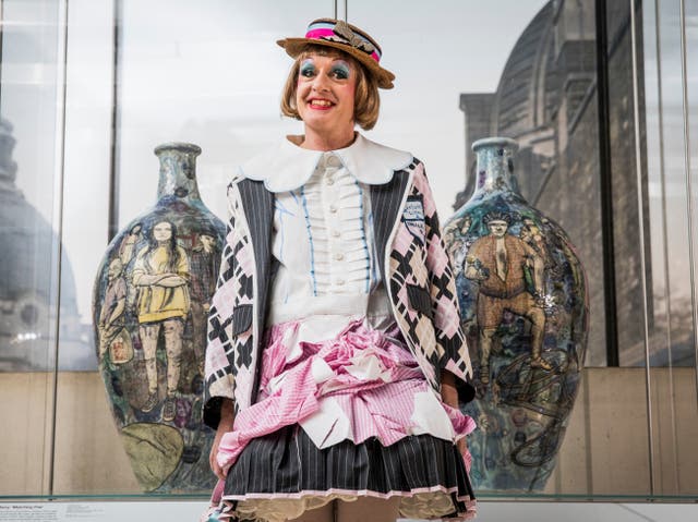Grayson Perry at an unveiling of a new ceramic work at the Victoria & Albert Museum, March 2010
