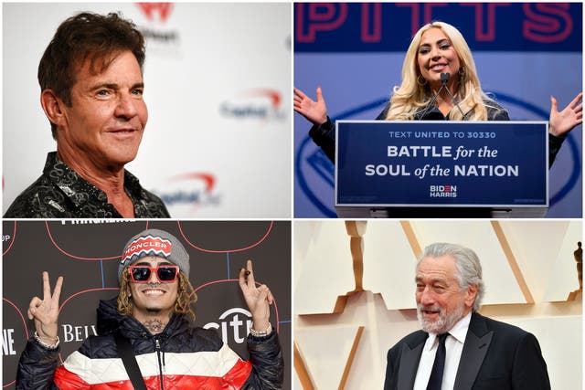Clockwise from top left: Dennis Quaid, Lady Gaga, Robert De Niro and Lil Pump have all shown support for political candidates