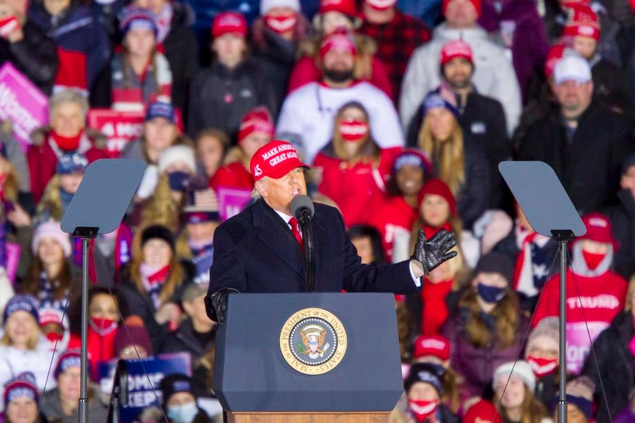 US President Donald J. Trump speaks during his final campaign rally before Election Day, at Gerald R. Ford International Airport, in Grand Rapids, Michigan, USA, 02 November 2020.