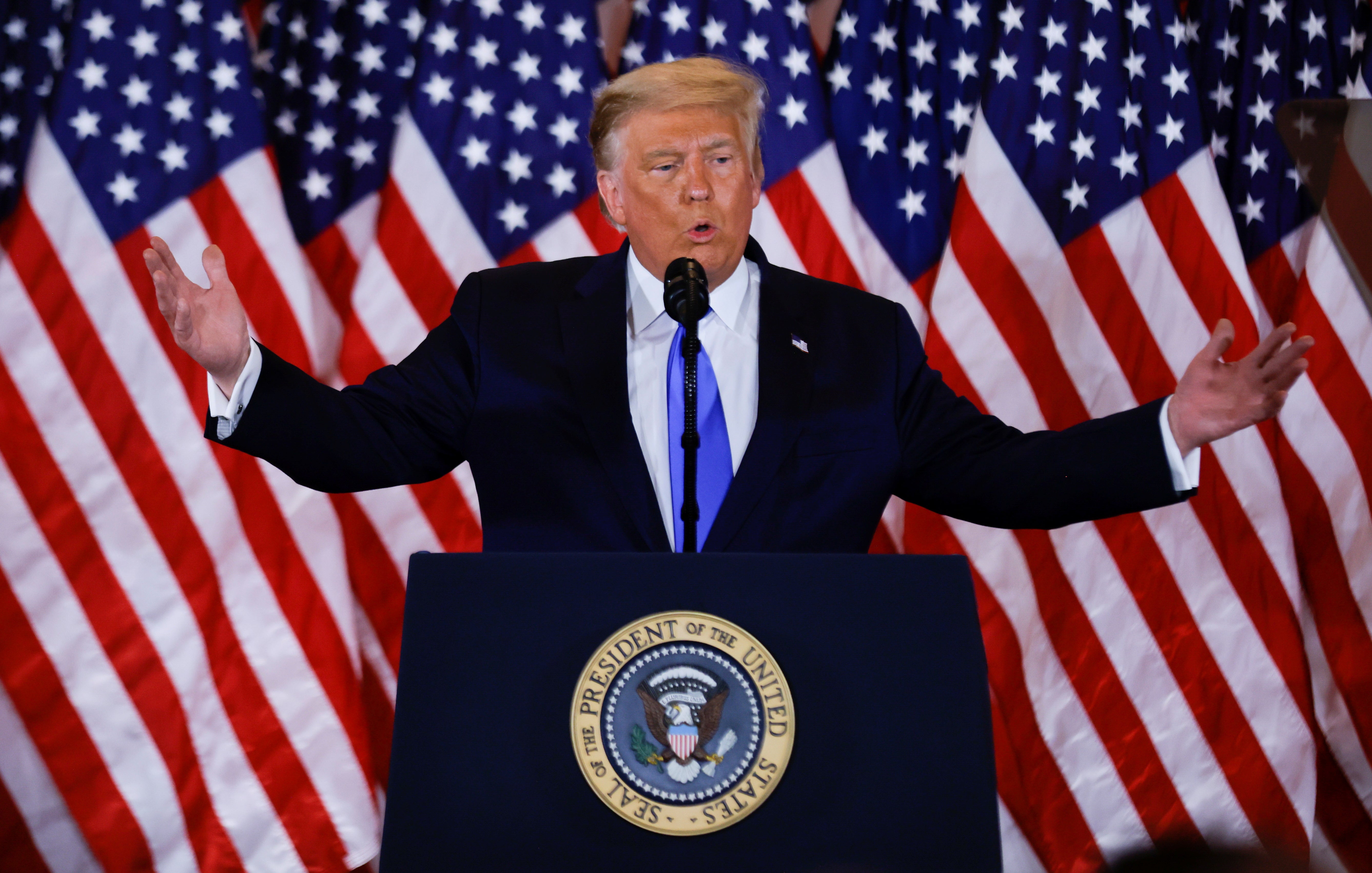 <p>US President Donald Trump speaks about the early results of the 2020 elections in the White House late on Tuesday night</p>