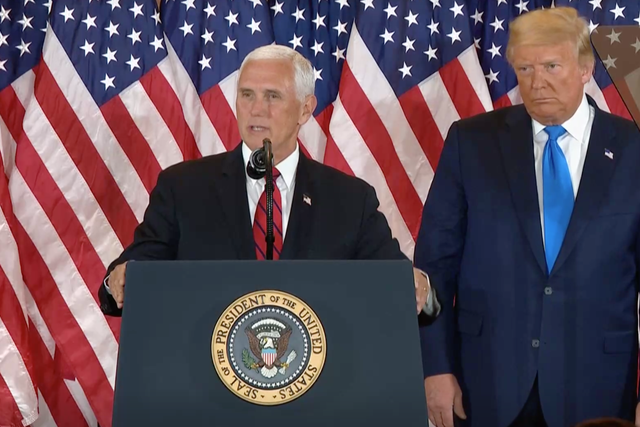 <p>Mike Pence, pictured on 4 November, on Monday celebrated Pfizer’s vaccine news and wrongly claimed it was due to a partnership with the US government</p>