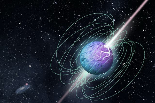 Artist's impression of a magnetar in outburst, showing complex magnetic field structure and beamed emission, here imagined as following a crust cracking episode