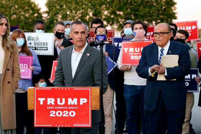 <p>Corey Lewandowski, center, a senior campaign advisor for President Donald Trump, speaks during a news conference on legal challenges to vote counting in Pennsylvania, Wednesday, Nov. 4, 2020, in Philadelphia. At left is Lara Trump, daughter-in-law of President Trump and at right is Rudy Giuliani, a lawyer for Trump. (AP Photo/Matt Slocum)</p>