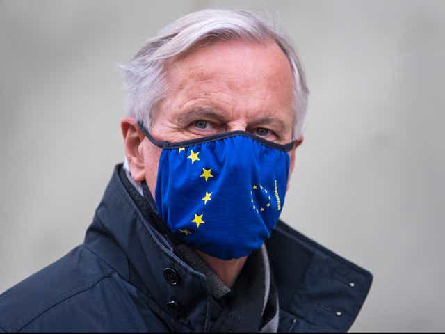 EU’s chief negotiator Michel Barnier walks back to his hotel in Westminster during a break in trade talks.