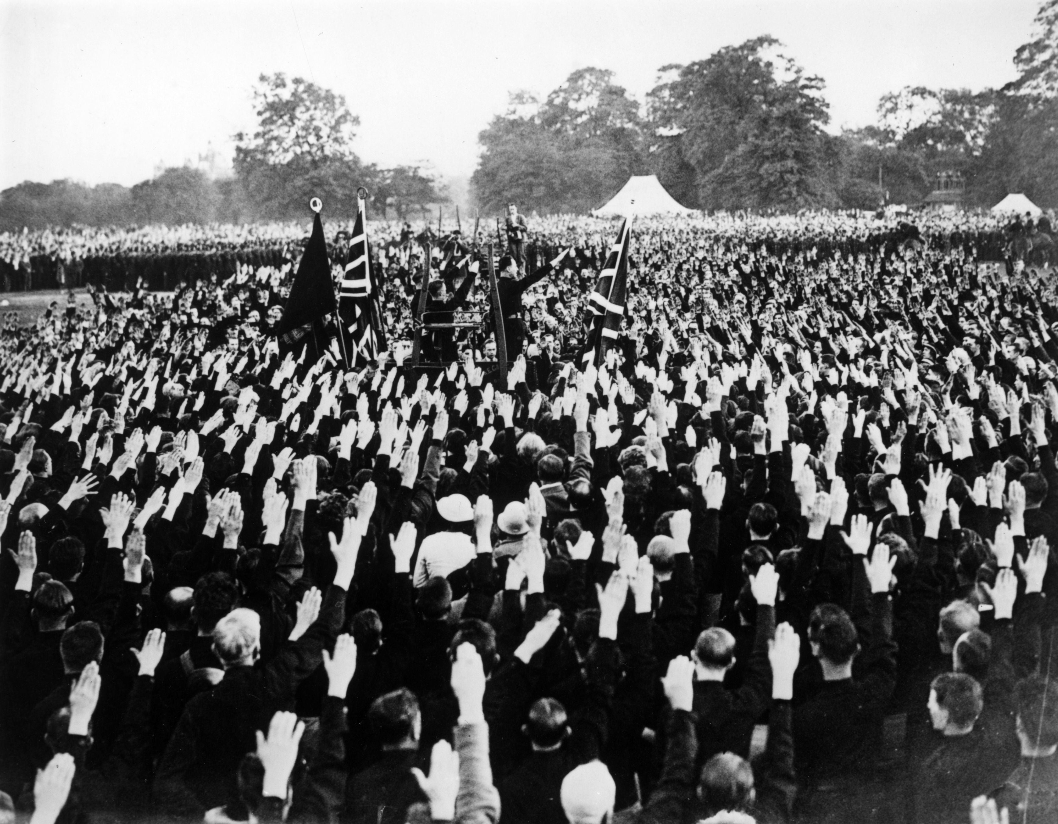 Oswald Mosley taking the salute in the middle of a fascist demonstration in Hyde Park