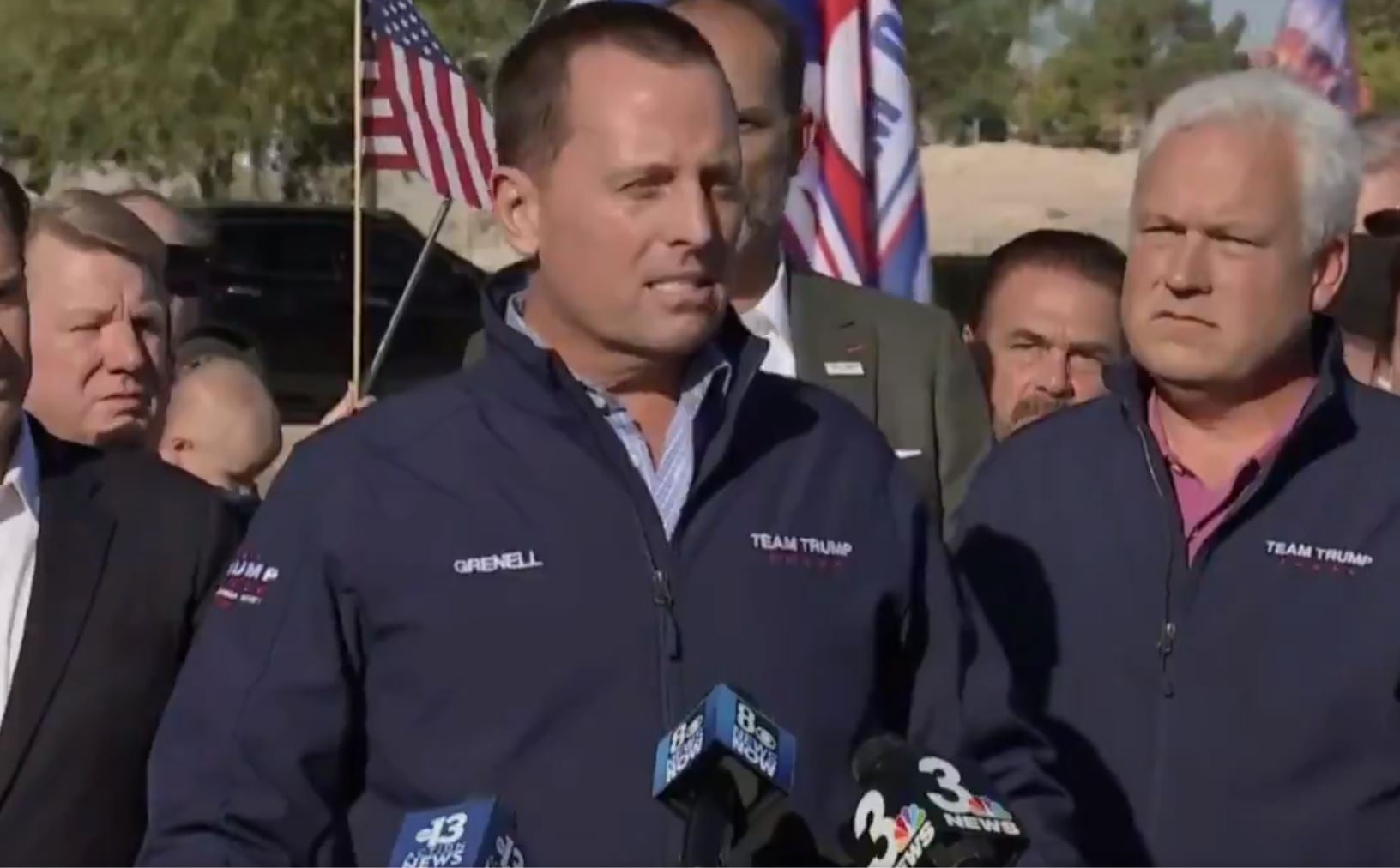 Former acting Director of National Intelligence and Trump-supporter Ric Grenell speaks to reporters during a press conference in Nevada. Mr Grenell announced the Trump campaign was launching a federal lawsuit to have votes it claims were made illegally thrown out. 