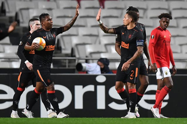 Alfredo Morelos celebrates after scoring to break the Rangers European goals record