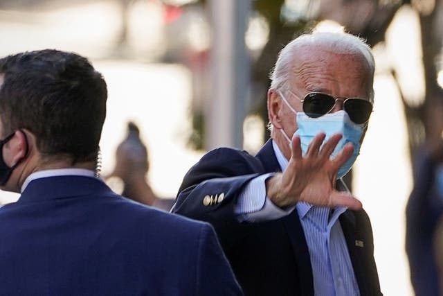 <p>Joe Biden arrives in Wilmington, Delaware, for briefings on Wednesday. He is urging calm while the president’s legal team is&nbsp;</p>