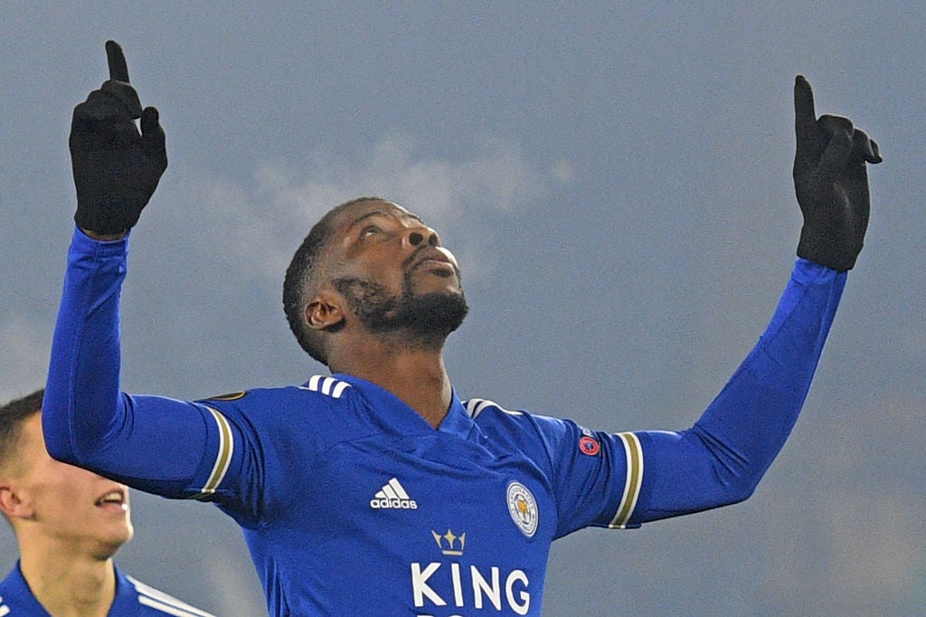  Kelechi Iheanacho celebrates after scoring for Leicester
