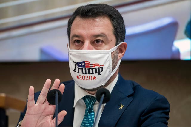 Far-right Lega party leader Matteo Salvini wears a face mask in support of Donald Trump as he gives a press conference on his party’s alternative proposals to the government’s decree to curb the spread of COVID-19, at the Senate, in Rome, on Tuesday 3 November.