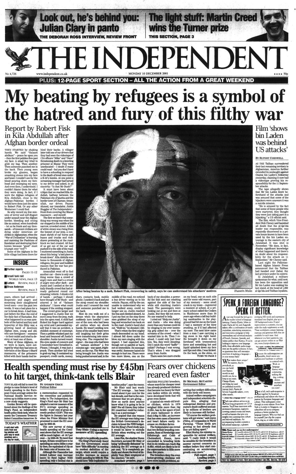 The Independent’s front page of 10 December 2001 in full