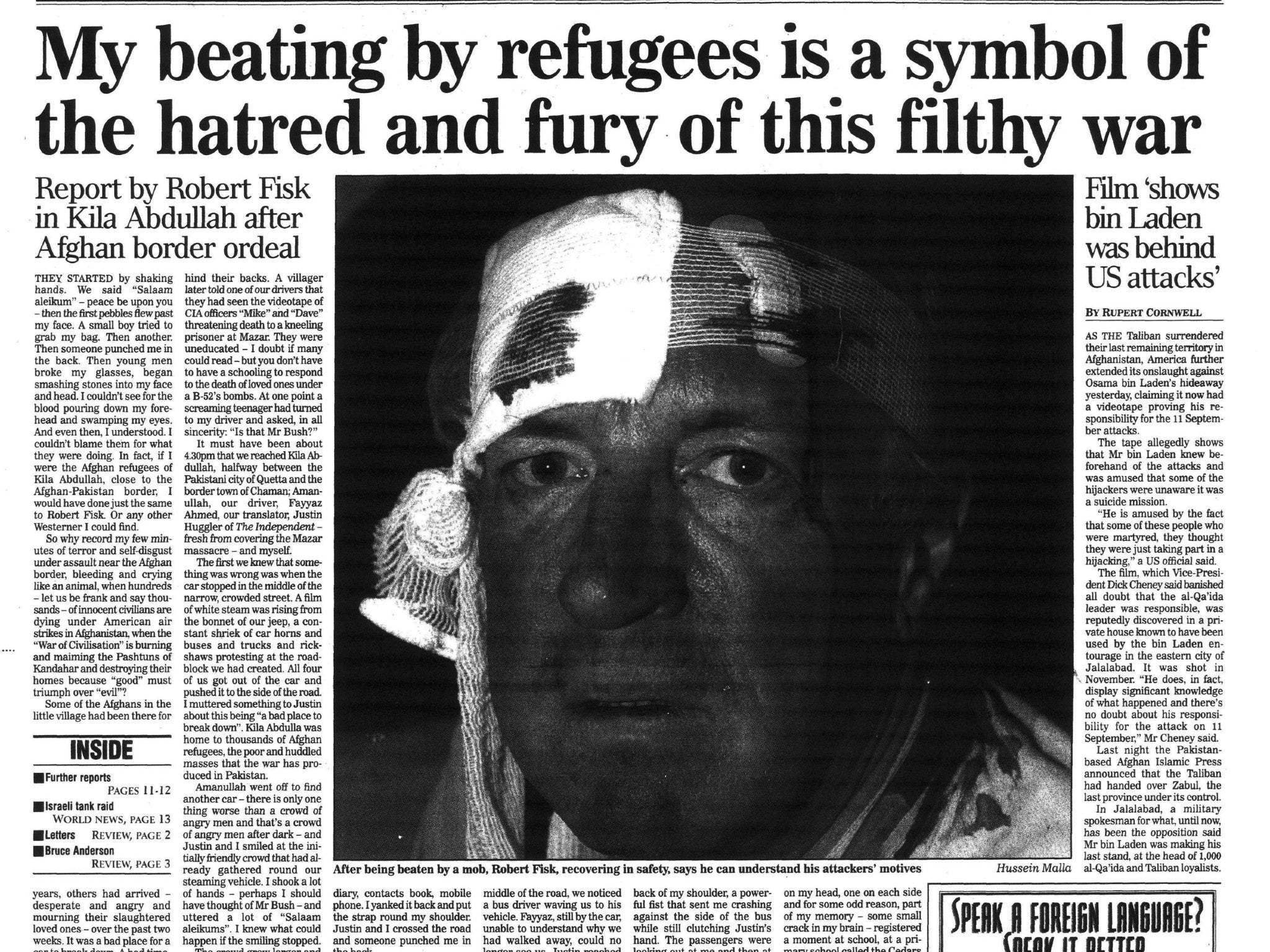 The Independent’s front page on 10 December 2001