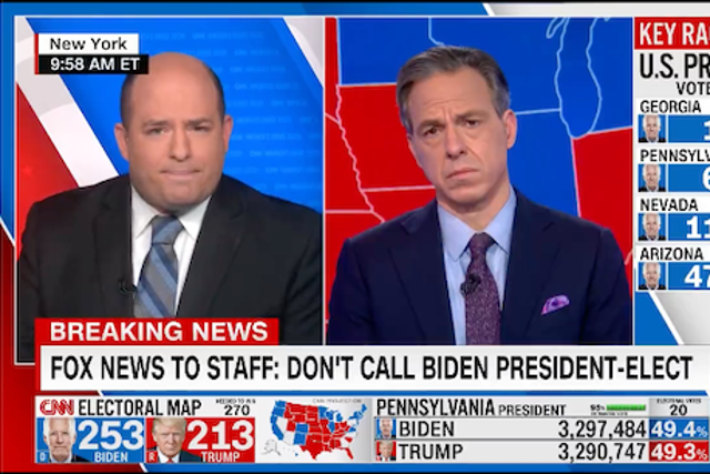 Brian Stelter de CNN (izquierda) dijo que se le había dicho al personal de Fox News que no llamara a Joe Biden como presidente electo si ganaba.