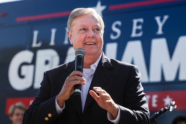 Senator Lindsey Graham speaks to supporters during a campaign bus tour on 2 November 2020 in Rock Hill, South Carolina