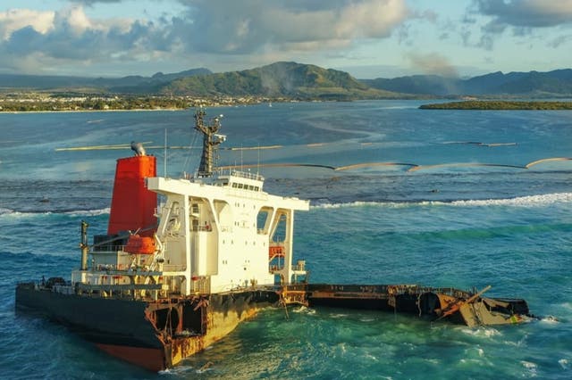 Wreck of the Japanese-owned bulk carrier MV Wakashio on 22 August. The ship spilled over 1,000 tonnes of fuel oil in one of Mauritius’s worst environmental disasters